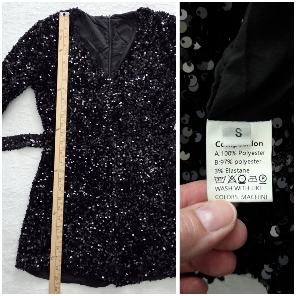 Black Sequin Long Sleeve Romper With V-Neckline & Removable Belt, Size Small - Picture 9 of 16